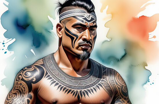 abstract portrait of an aboriginal warrior with traditional tatoos and painting, strong and fit, natural background