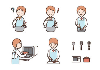 料理をする男子学生のイラストセット