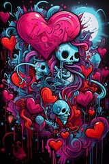 colorful hearts with skull on black background in graffiti style for Valentine's Day, Valentine's Day postcard, generative AI