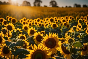 Immerse yourself in the golden embrace of a sunflower field, each radiant blossom reaching for the sun. Perfect lighting highlights the super realistic details,