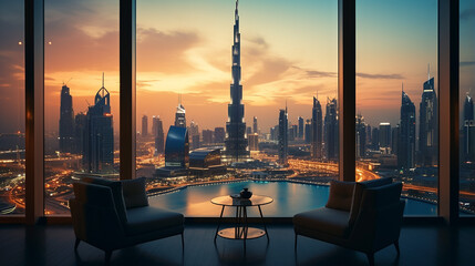 a beautiful skyline view from Dubai Frame Burj Khalifa with dramatic sky - obrazy, fototapety, plakaty