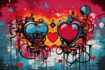 Obraz premium colorful hearts in graffiti style for Valentine's Day, Valentine's Day postcard, generative AI