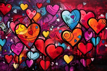 colorful hearts in graffiti style for Valentine's Day, Valentine's Day postcard, generative AI