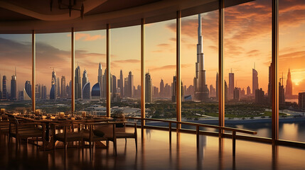 a beautiful skyline view of Dubai UAE as seen from Dubai Frame Burj Khalifa with dramatic sky
