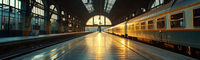 Obraz premium Railway station. Waiting for the train early in the morning.