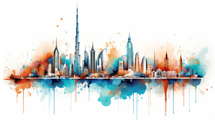 abstract city skyline with sights of Dubai on white background - obrazy, fototapety, plakaty