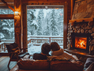A Photo Of A Couple Cuddled Up In Front Of A Fireplace In A Cozy Ski Lodge With Snow Visible Outside The Window