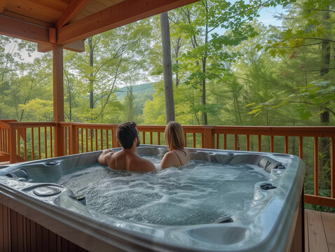 A Photo Of A Couple Enjoying A Private Hot Tub On The Deck Of Their Secluded Mountain Cabin Rental