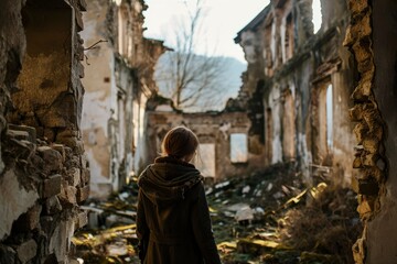 A person looks down sadly at the ruins of an abandoned building