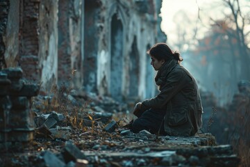 A person looks down sadly at the ruins of an abandoned building