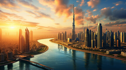 beautiful sunset in aerial view of Dubai city - obrazy, fototapety, plakaty