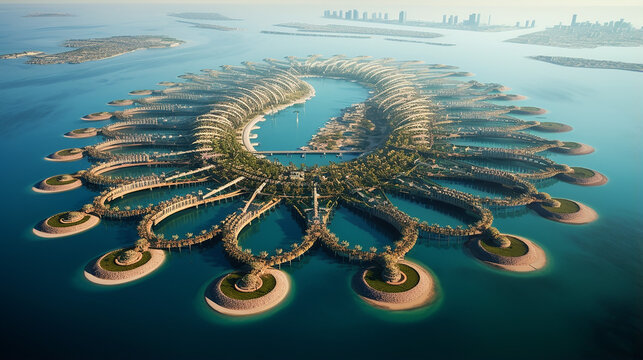 aerial view of artificial palm island in Dubai