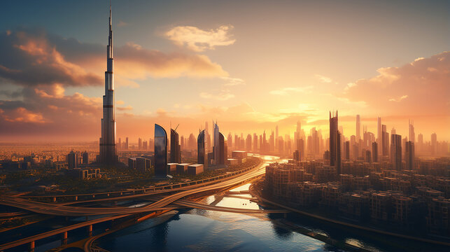 aerial view of Dubai city in sunset light