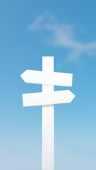 白い木製の看板と青い空。3D（縦長）