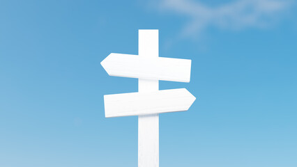 白い木製の看板と青い空。3D（横長）