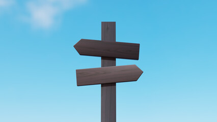 茶色い木製の看板と青い空。3D（横長）