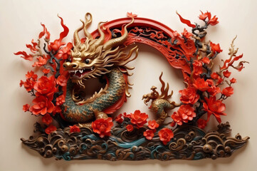 Fototapeta premium chinese dragon 3d statue art on the wall