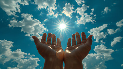 Prayer. A petition from God. Hands are turned towards the sun. - obrazy, fototapety, plakaty
