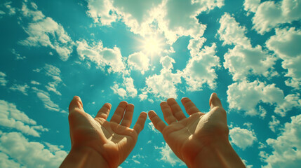 Prayer. A petition from God. Hands are turned towards the sun.