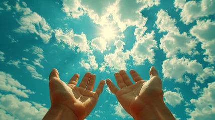 Fotobehang Prayer. A petition from God. Hands are turned towards the sun. © Ярослав Антонюк