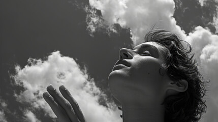 Prayer. A petition from God. Hands are turned towards the sun. - obrazy, fototapety, plakaty