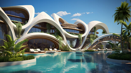 amazing architecture of tropical resort Dubai UAE - obrazy, fototapety, plakaty