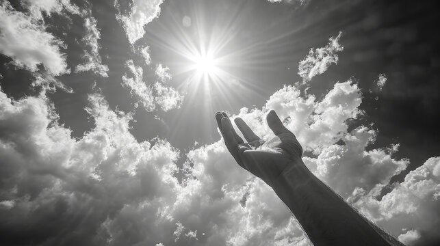 Prayer. A petition from God. Hands are turned towards the sun.