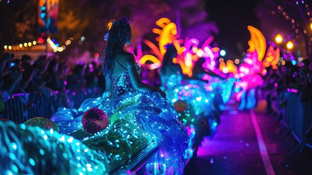 A neon mermaid float glistens as it makes its way down the parade route surrounded by dancers dressed as sea creatures