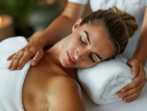 A Photo Of A Businesswoman Enjoying A Relaxing Massage At Her Hotel's World-Class Spa After A Day Of Meetings