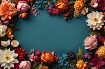 frame of various colorful flowers on soft blue background flat lay top view with copy space