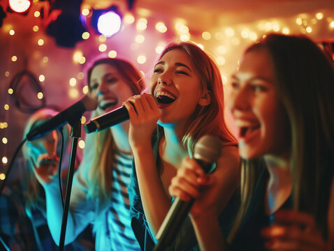 A Photo Of A Group Of Friends Having A Lively Karaoke Night In The Entertainment Lounge Of Their Urban Loft Rental