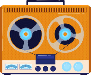 Retro style orange reel-to-reel tape recorder, vintage audio equipment. Nostalgia for 60s and 70s music playback devices. Multimedia and sound recording vector illustration.