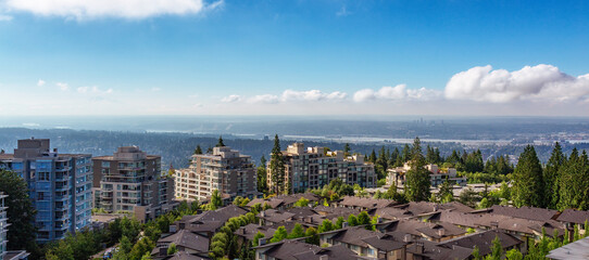 Aerial view of residential homes and buildings on top of Burnaby Mountain