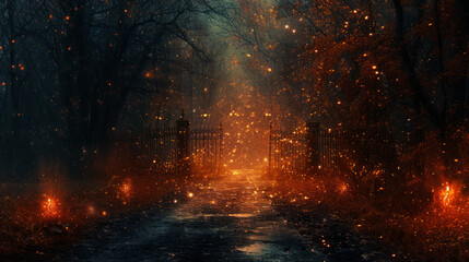 The road to the other world. Unexplained phenomena. Night time. - obrazy, fototapety, plakaty