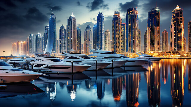 panorama of Dubai Marina with reflection
