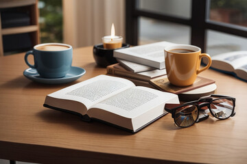 Coffee and book on table in cafe good morning at the office at work