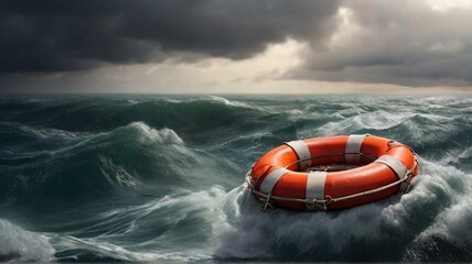 Lifebuoy floating on top of a large wave on sea in storm weather - obrazy, fototapety, plakaty