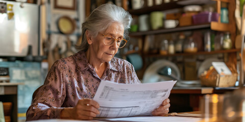 Senior mature woman holding paper bill trying to read it and figure out the problem,old lady managing account finance on vintage kitchen background. - obrazy, fototapety, plakaty