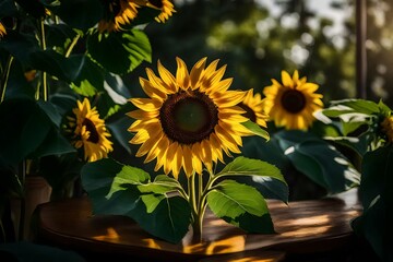 Obraz premium Witness the elegance of a sunflower, its vibrant petals and lush greenery harmonizing in perfect balance. Impeccable lighting accentuates the super realistic 