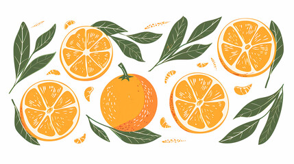 Fresh Orange and Leaves Flat Minimalistic Illustration - Vibrant Citrus Vector Artwork for Healthy Lifestyle Promotion