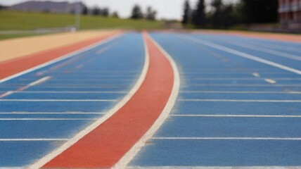 Running Track. Smooth Surface Close up Sunny and cloudless. Ready for Runners.