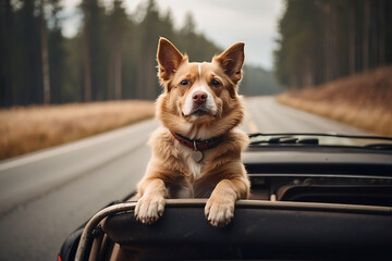 A dog sitting in a car looks back and misses its owner. - obrazy, fototapety, plakaty