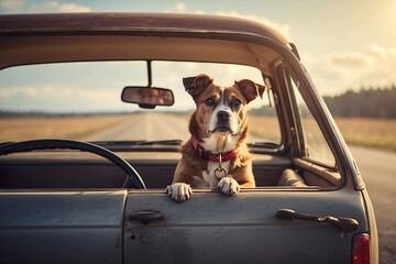 A dog sitting in a car looks back and misses its owner.