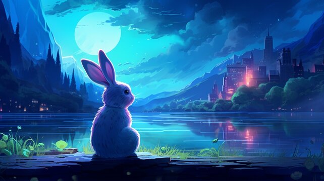 Rabbit animal sitting river bank AI Generated pictures