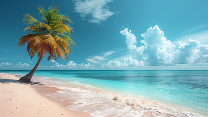 Fototapeta na wymiar Wonderful dream beach with palm tree on white sand.