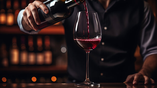Pouring red wine into a glass on a black background.
