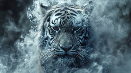A majestic tiger emerges from the sinuous forms of smoke in an ethereal spectacle. Siberian tiger head made of smoke in wildlife grandeur. - obrazy, fototapety, plakaty