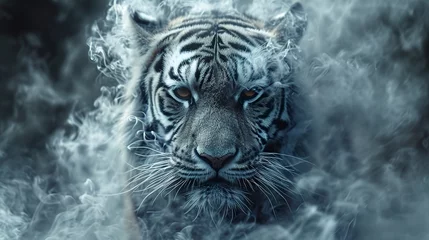 Tuinposter A majestic tiger emerges from the sinuous forms of smoke in an ethereal spectacle. Siberian tiger head made of smoke in wildlife grandeur. © Vagner Castro