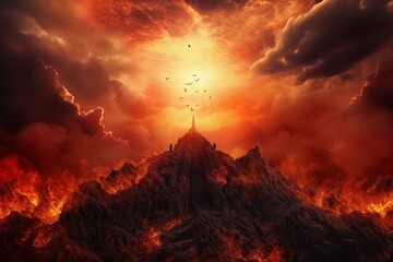 A religious concept depicting a heavenly paradise above and a fiery hell below. Generative AI