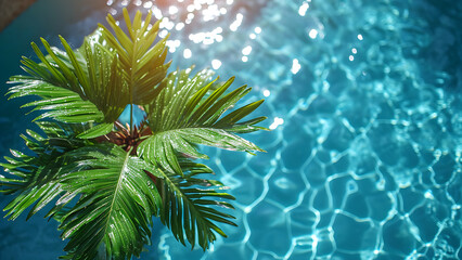 Fototapeta na wymiar Summer background with palm leaf and monstera leaf.